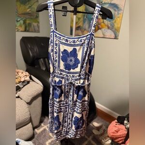 Vintage print blue and white mini summer dress XL